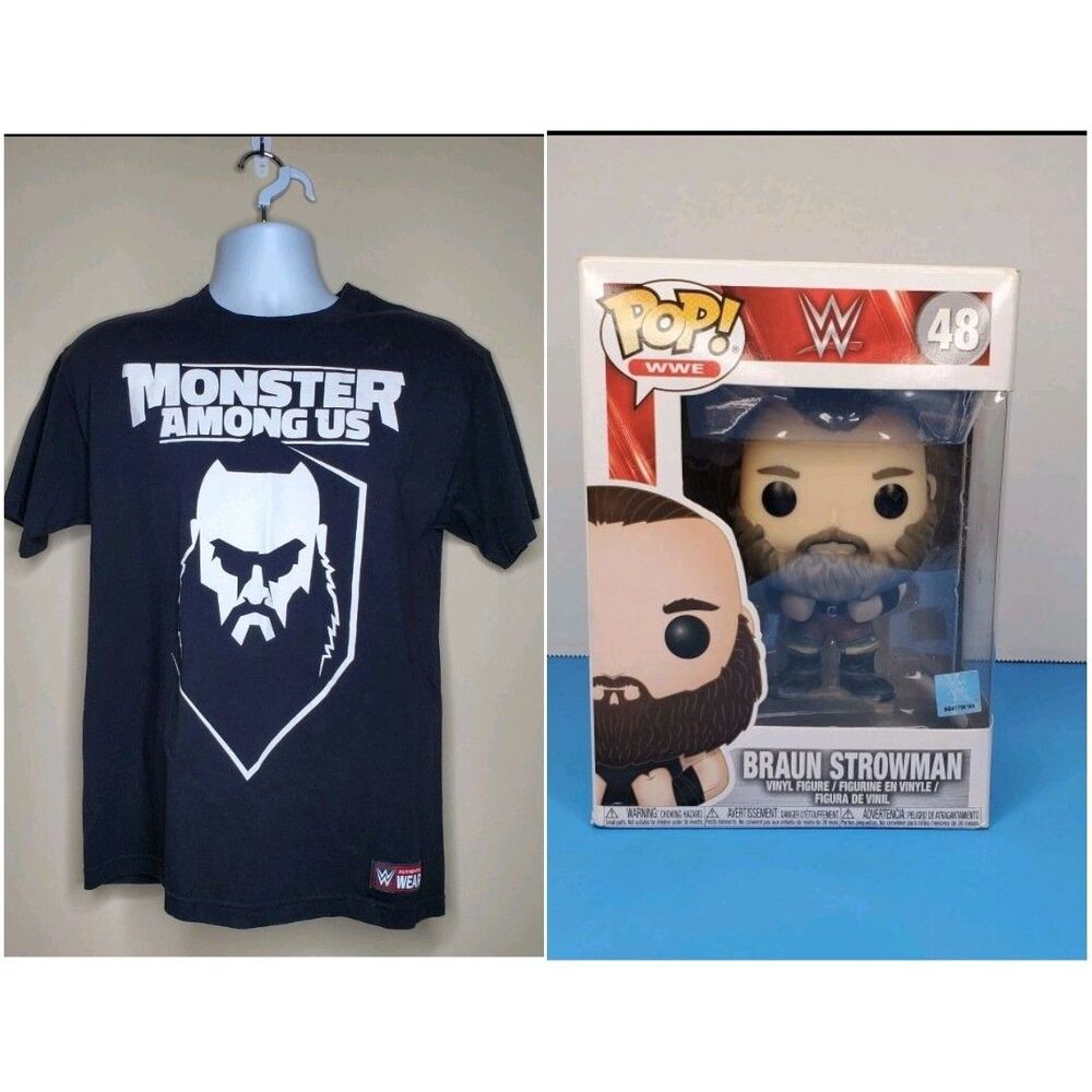 Lot Of Braun Strowman WWE Authentic Wear Wrestling Tshirt Medium & Funko Pop #48